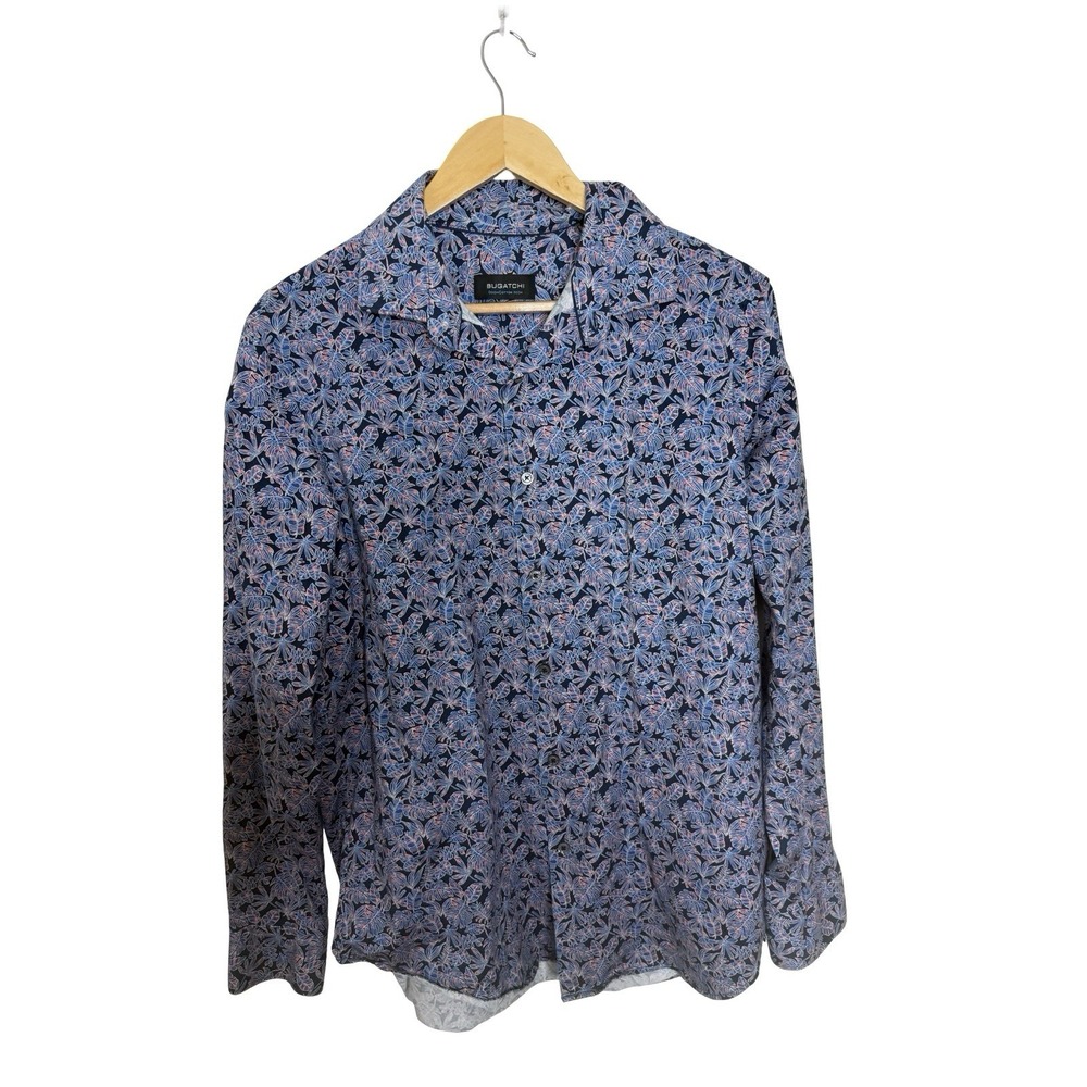 Bugatchi OoohCotton Tech 8 Way Stretch Shirt Mens L Blue Tropical Button Down
